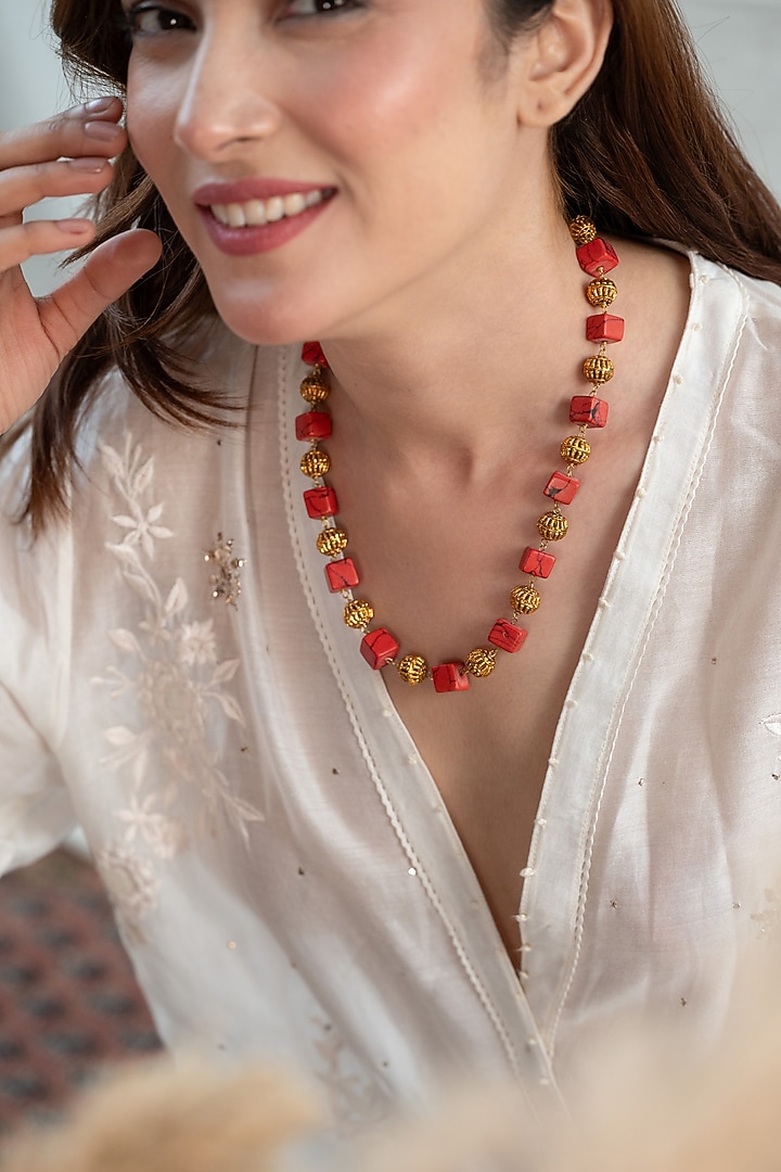 Gold Plated Orange Natural Stone Necklace by Do Taara at Pernia's Pop Up Shop