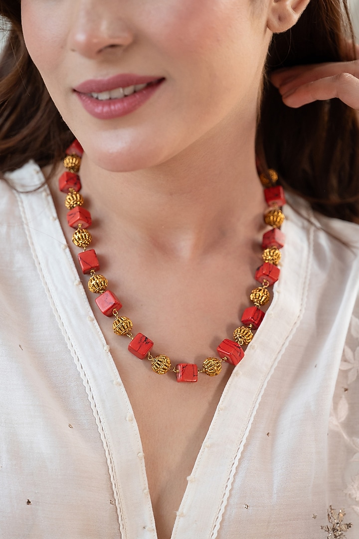 Gold Plated Orange Natural Stone Necklace by Do Taara at Pernia's Pop Up Shop