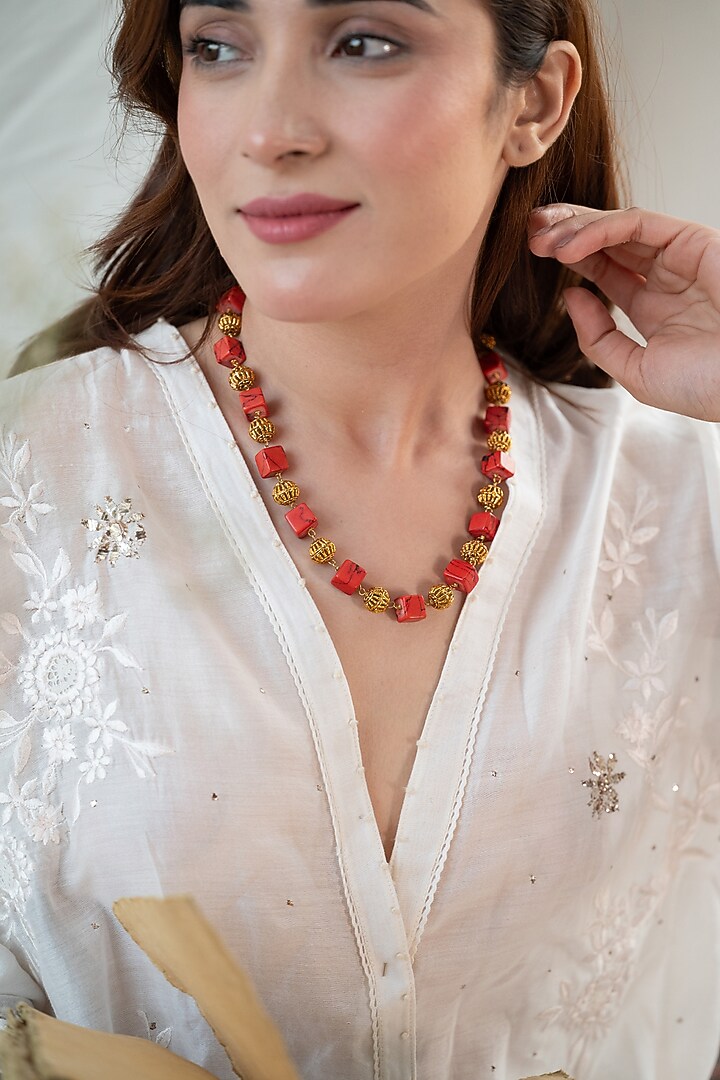 Gold Plated Orange Natural Stone Necklace by Do Taara at Pernia's Pop Up Shop