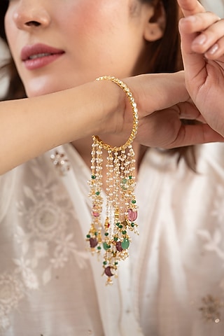 Gold Plated Natural Stone & Pearl Bangles (Set Of 2) by Do Taara