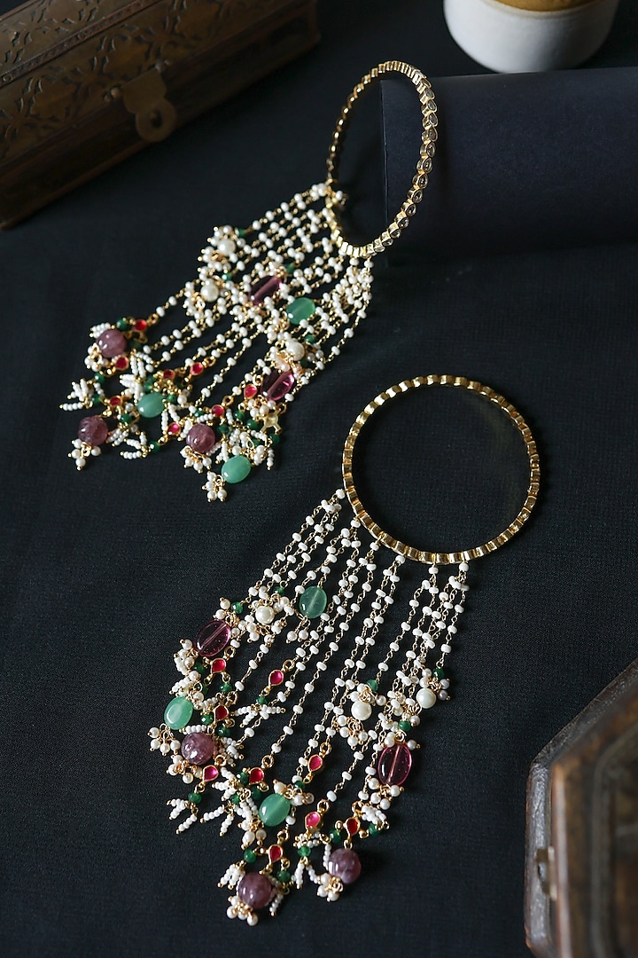 Gold Plated Natural Stone & Pearl Bangles (Set Of 2) by Do Taara at Pernia's Pop Up Shop