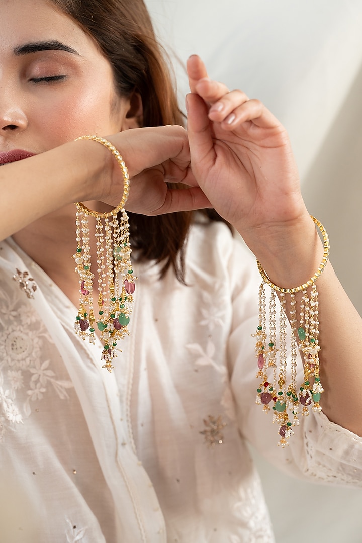 Gold Plated Natural Stone & Pearl Bangles (Set Of 2) by Do Taara at Pernia's Pop Up Shop