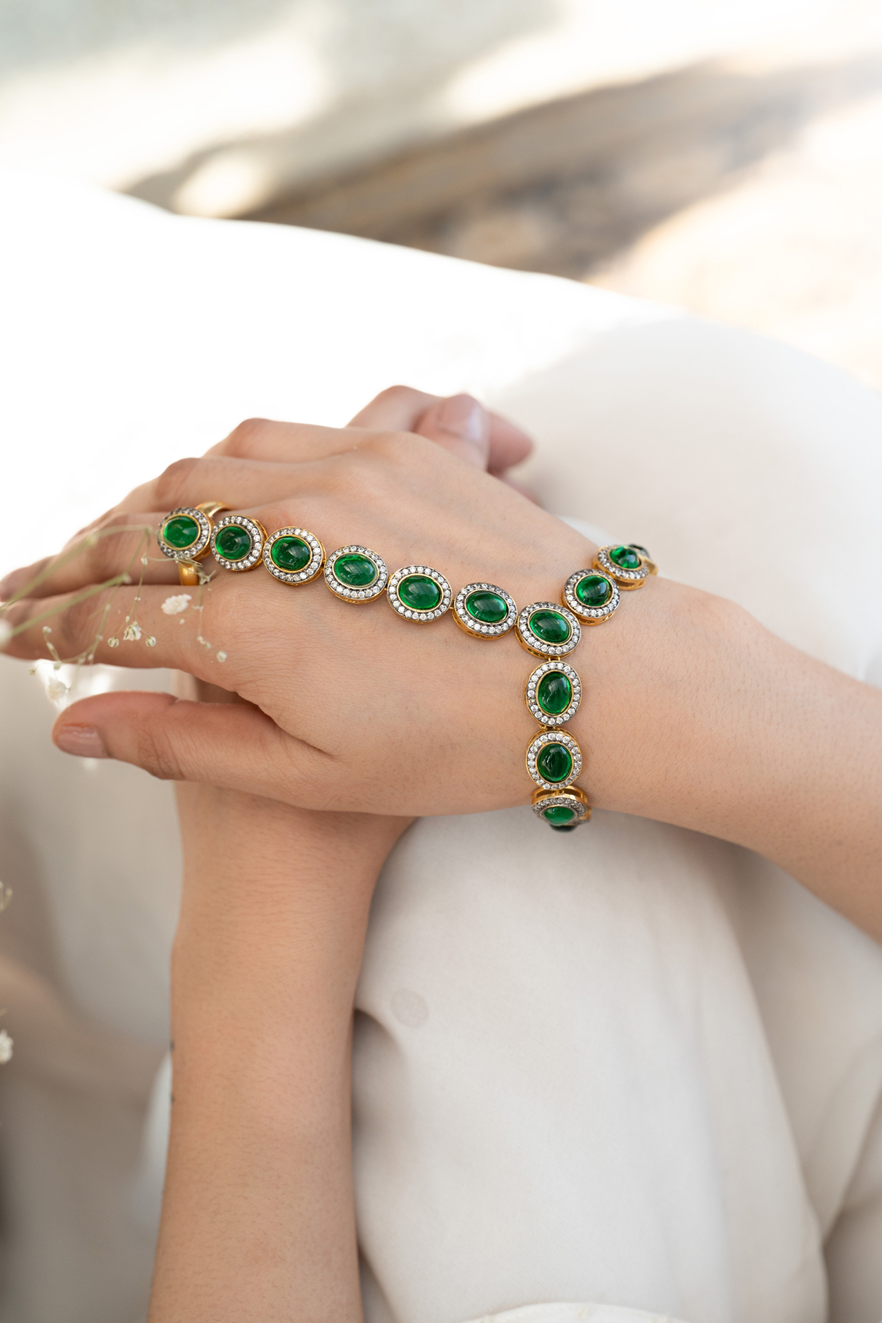 Gold Plated Green Cubic Zirconia Hathphool by Do Taara at Pernia's Pop Up Shop