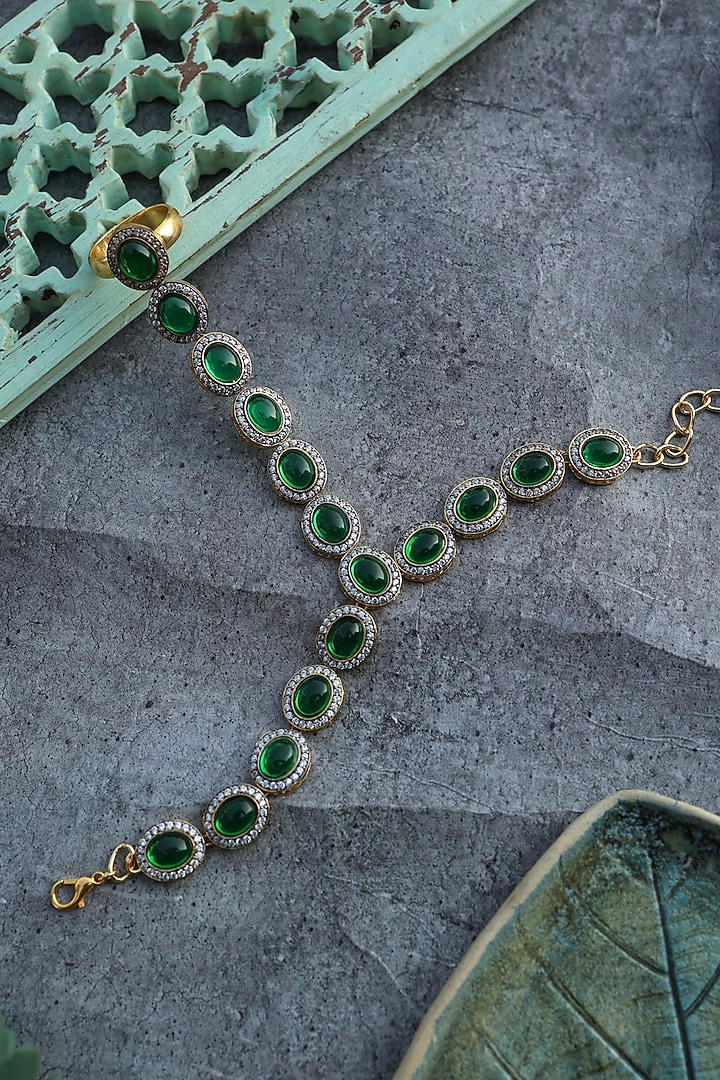 Gold Plated Green Cubic Zirconia Hathphool by Do Taara at Pernia's Pop Up Shop