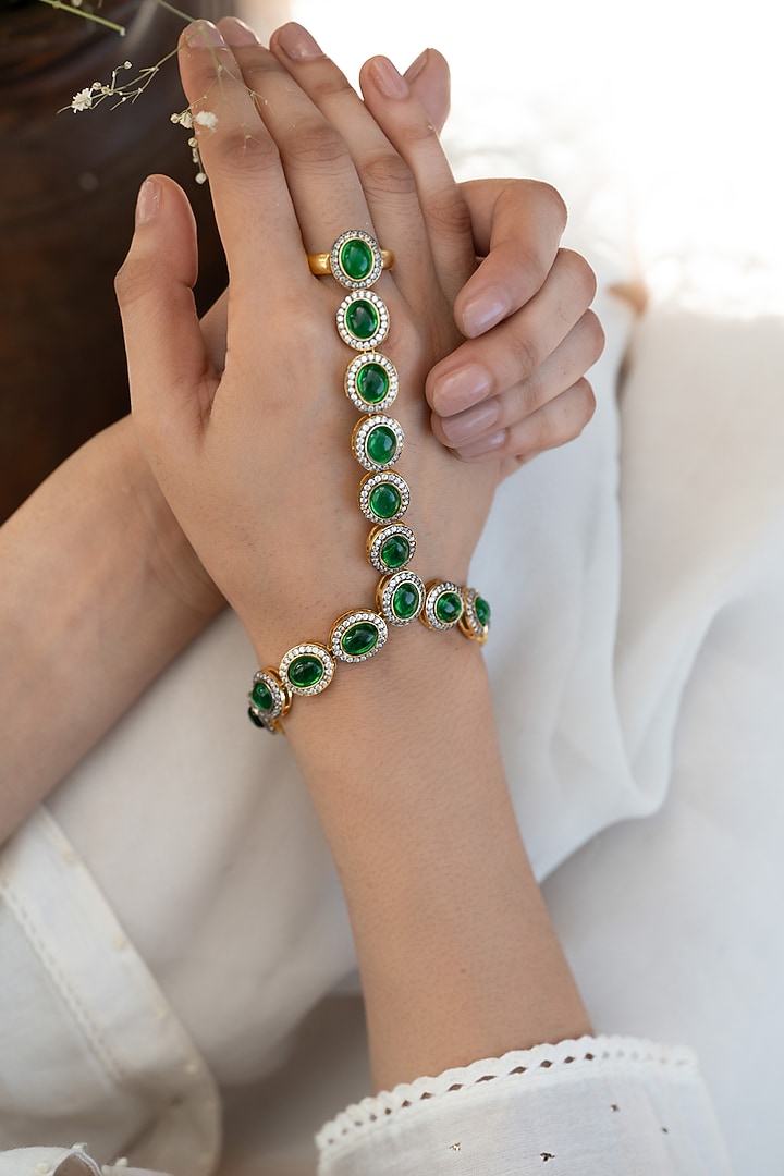 Gold Plated Green Cubic Zirconia Hathphool by Do Taara at Pernia's Pop Up Shop