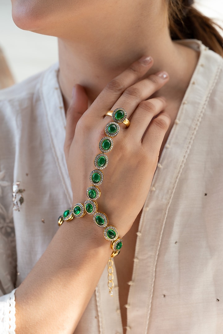 Gold Plated Green Cubic Zirconia Hathphool by Do Taara at Pernia's Pop Up Shop
