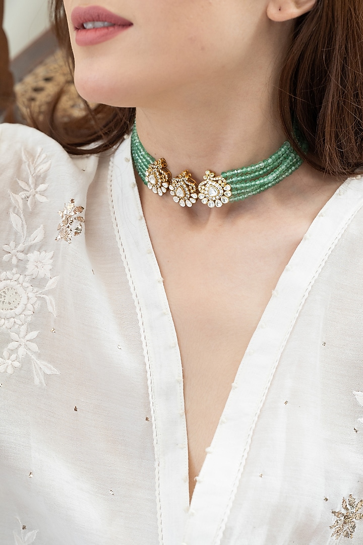 Gold Plated Kundan Polki & Cubic Zirconia Choker Necklace by Do Taara at Pernia's Pop Up Shop