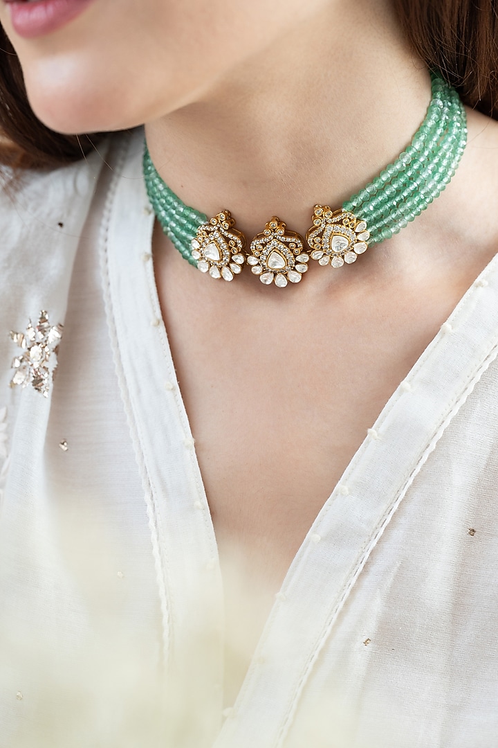 Gold Plated Kundan Polki & Cubic Zirconia Choker Necklace by Do Taara at Pernia's Pop Up Shop