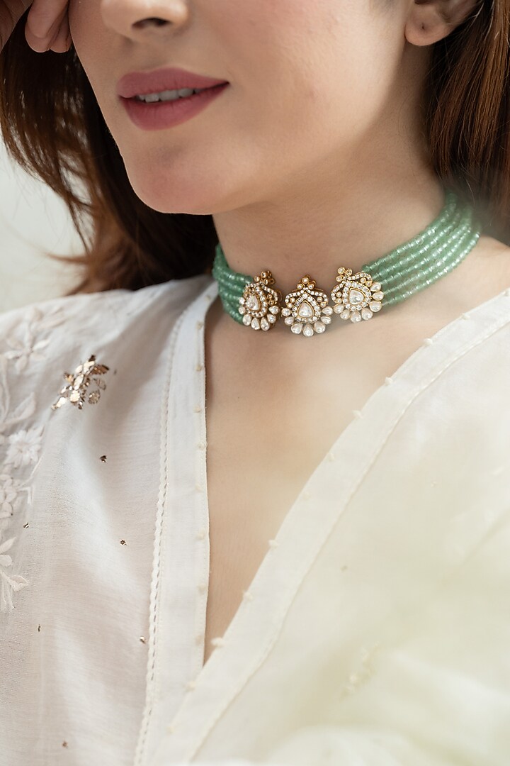 Gold Plated Kundan Polki & Cubic Zirconia Choker Necklace by Do Taara at Pernia's Pop Up Shop