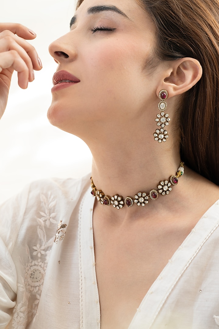 Gold Plated Kundan Polki & Cubic Zirconia Choker Necklace Set by Do Taara at Pernia's Pop Up Shop