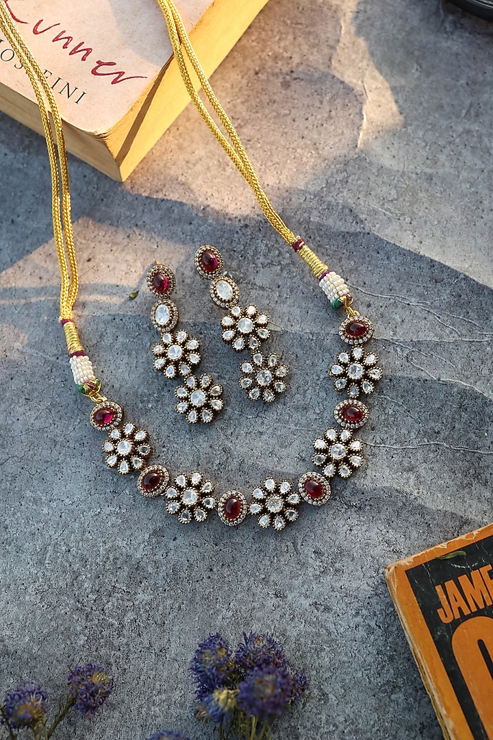 Gold Plated Kundan Polki & Cubic Zirconia Choker Necklace Set by Do Taara at Pernia's Pop Up Shop