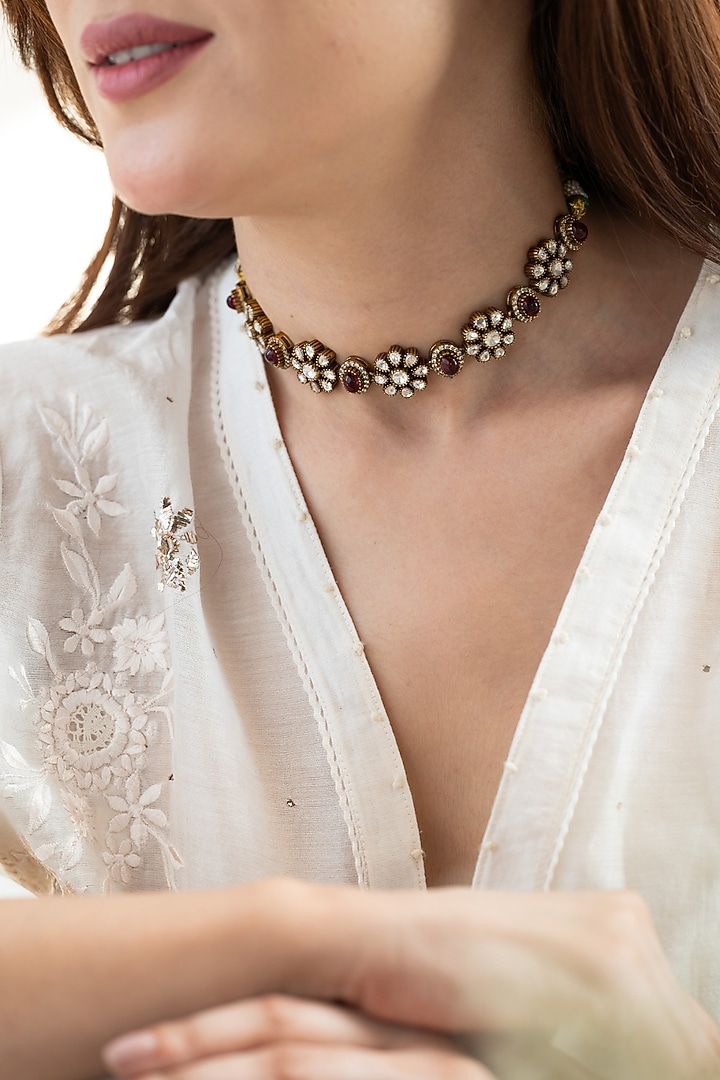 Gold Plated Kundan Polki & Cubic Zirconia Choker Necklace Set by Do Taara at Pernia's Pop Up Shop