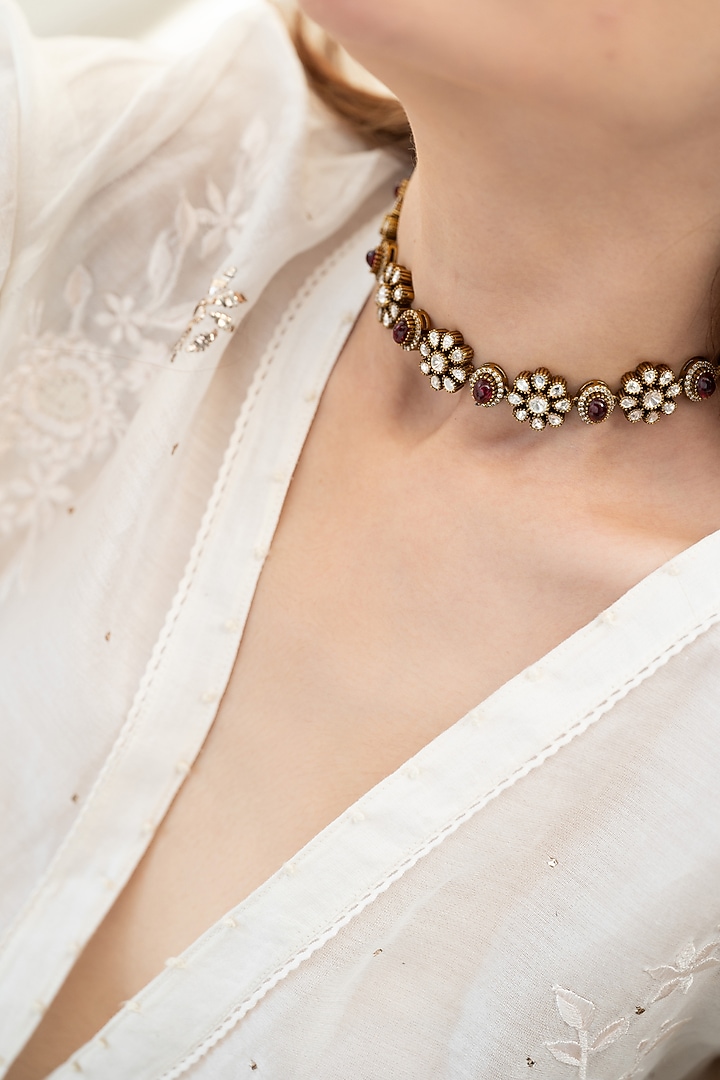 Gold Plated Kundan Polki & Cubic Zirconia Choker Necklace Set by Do Taara at Pernia's Pop Up Shop