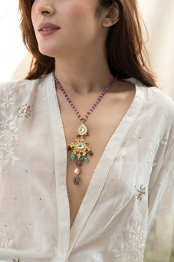 Gold Plated Kundan Polki & Natural Stone Necklace by Do Taara at Pernia's Pop Up Shop
