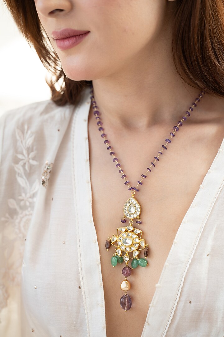 Gold Plated Kundan Polki & Natural Stone Necklace by Do Taara at Pernia's Pop Up Shop