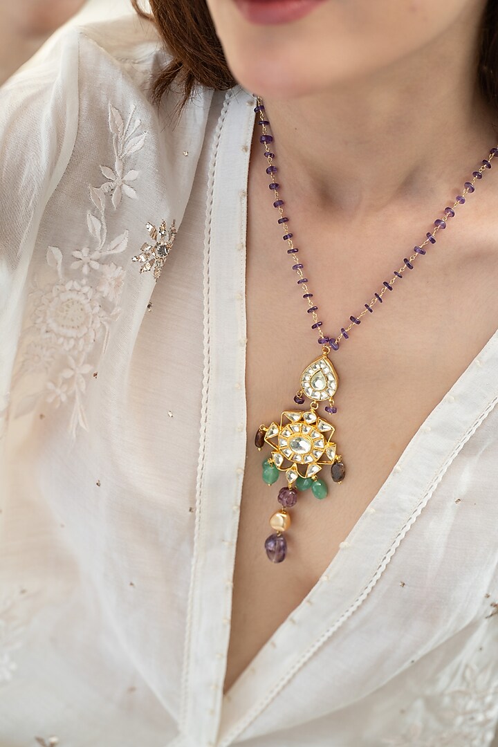 Gold Plated Kundan Polki & Natural Stone Necklace by Do Taara at Pernia's Pop Up Shop
