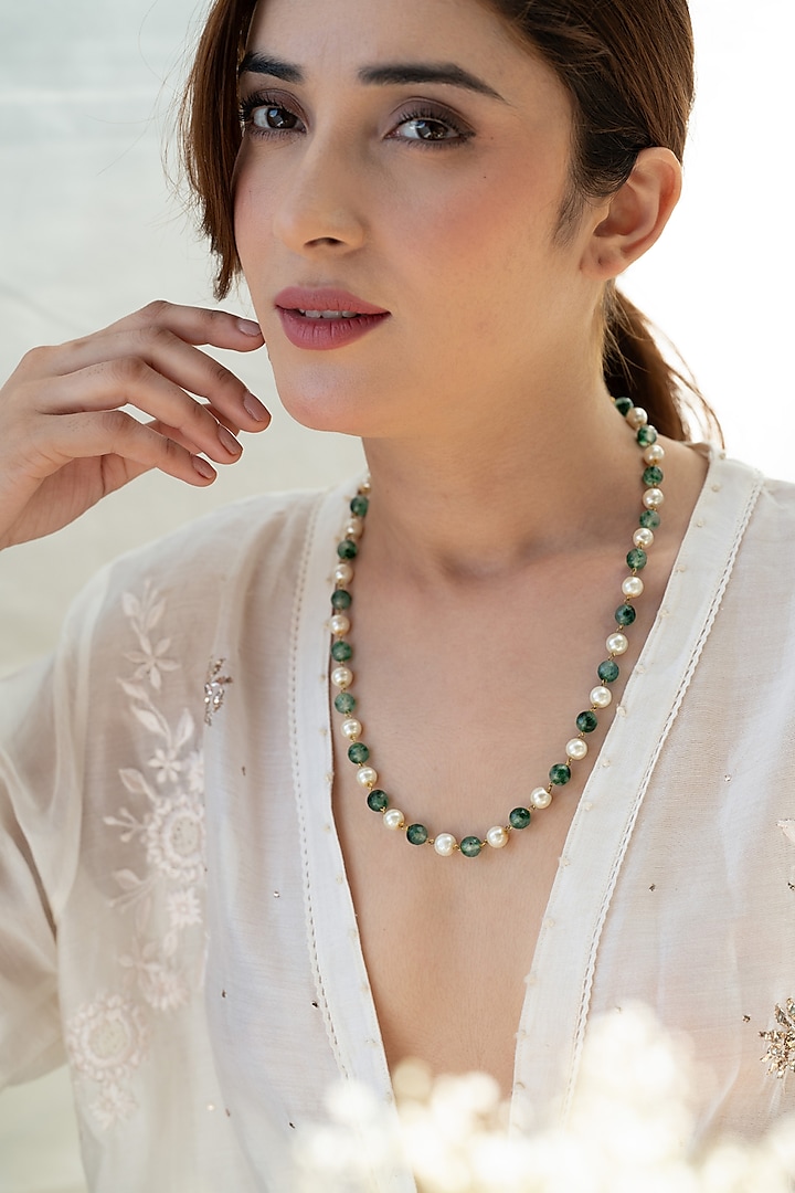 Gold Plated Green Natural Stone & Pearl Necklace by Do Taara at Pernia's Pop Up Shop