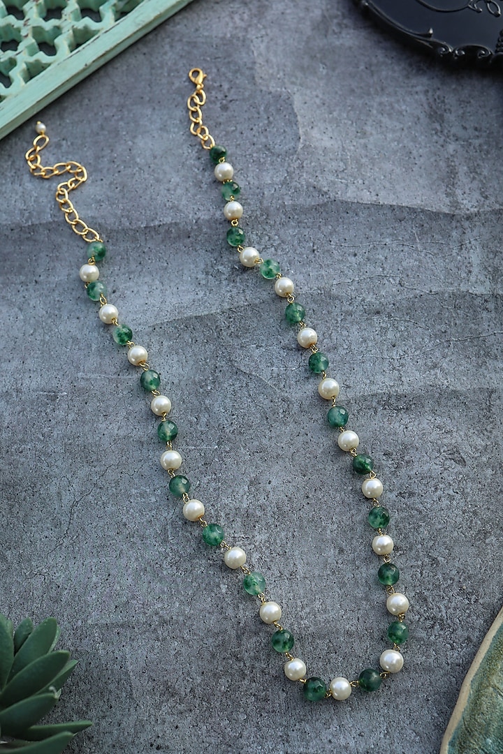 Gold Plated Green Natural Stone & Pearl Necklace by Do Taara at Pernia's Pop Up Shop