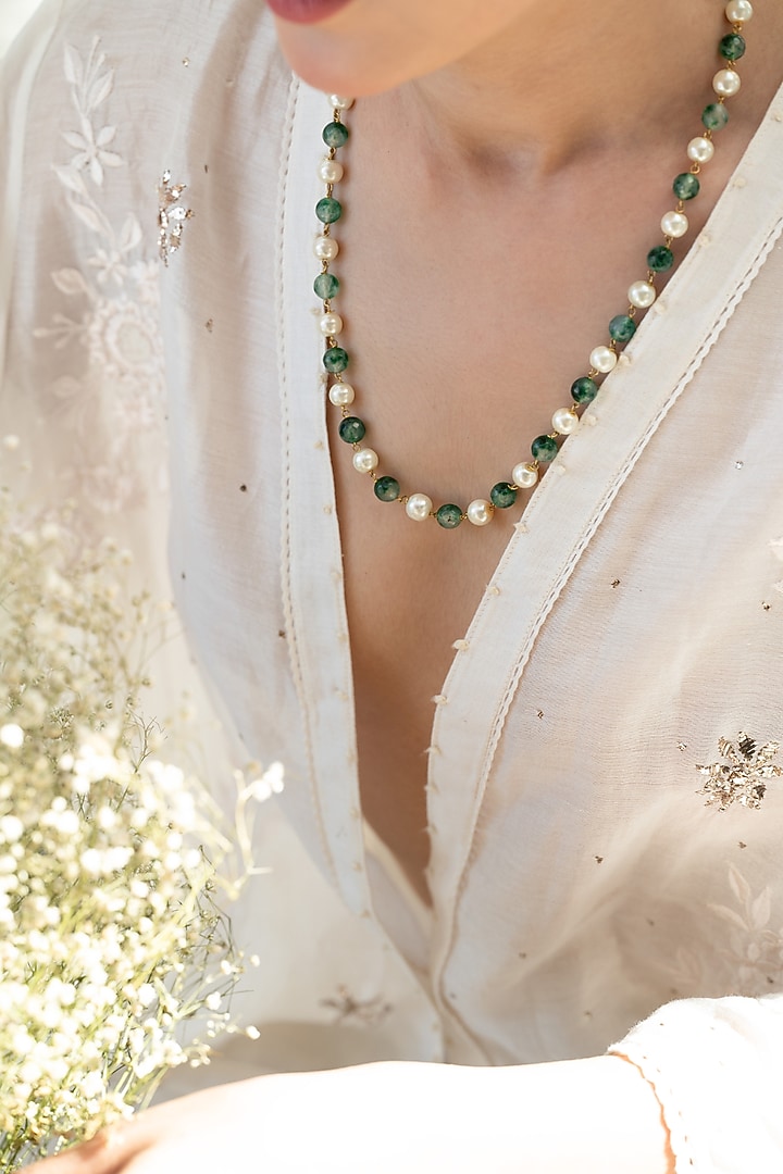 Gold Plated Green Natural Stone & Pearl Necklace by Do Taara at Pernia's Pop Up Shop