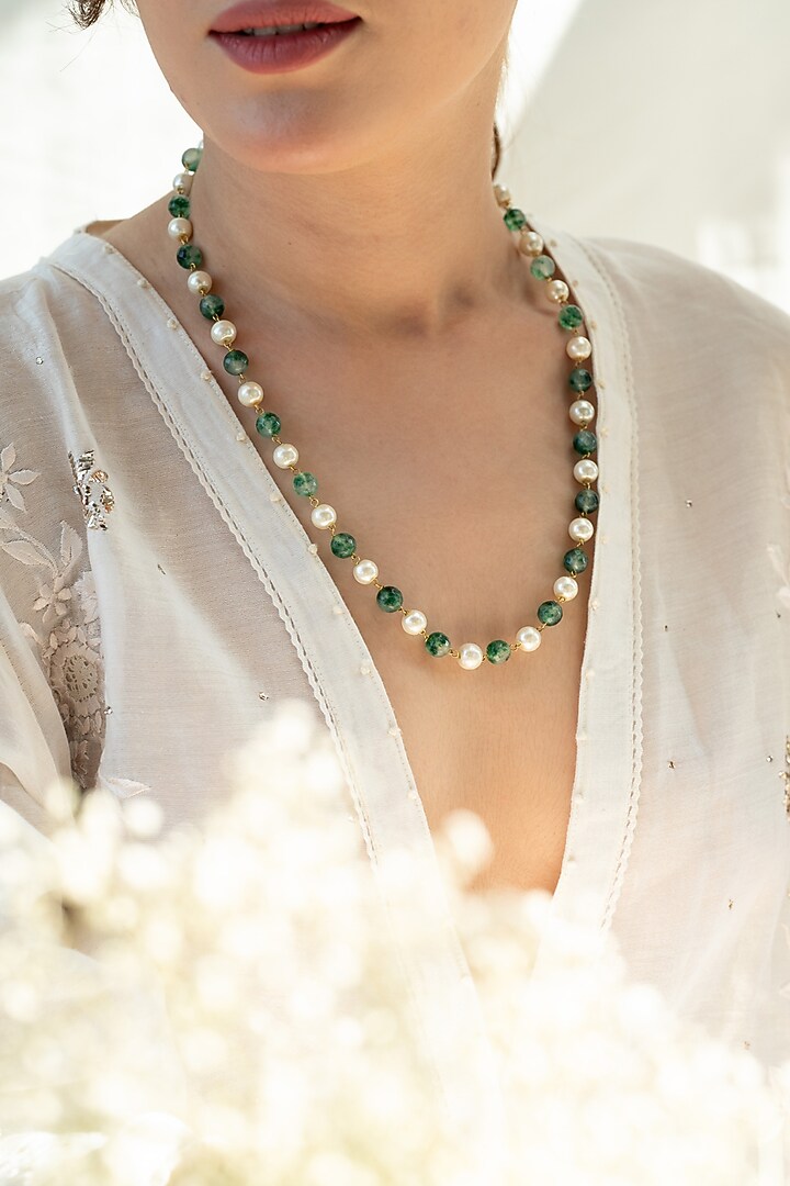 Gold Plated Green Natural Stone & Pearl Necklace by Do Taara at Pernia's Pop Up Shop