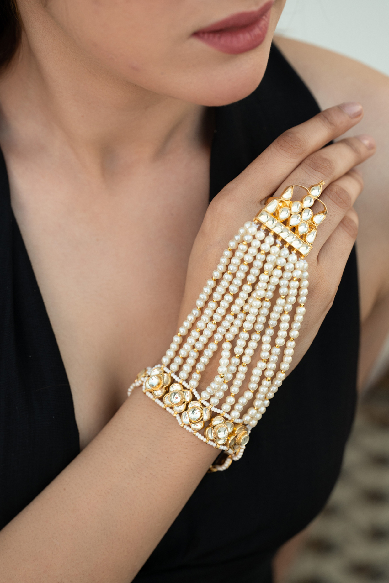 Gold Plated Kundan Polki & Pearl Hathphool by Do Taara at Pernia's Pop Up Shop