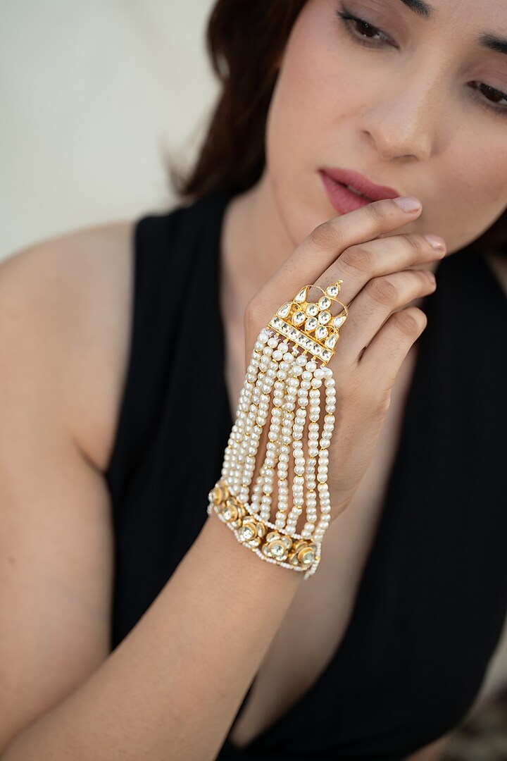 Gold Plated Kundan Polki & Pearl Hathphool by Do Taara at Pernia's Pop Up Shop