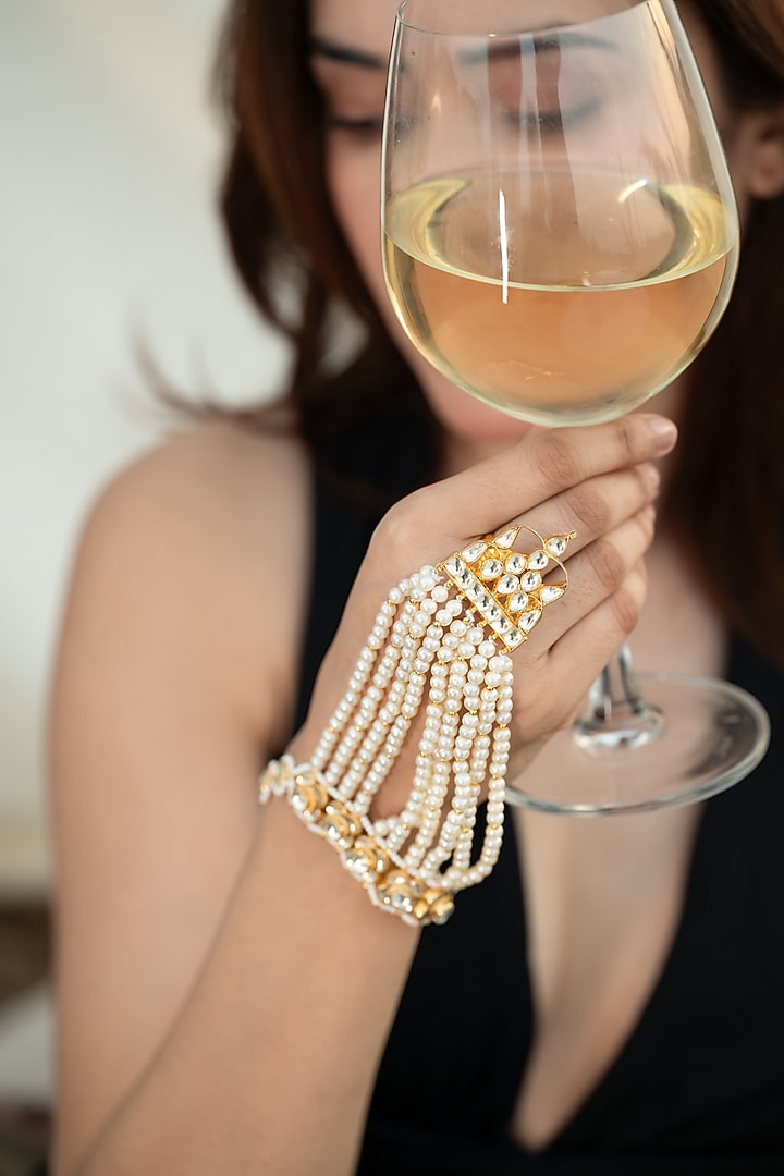 Gold Plated Kundan Polki & Pearl Hathphool by Do Taara at Pernia's Pop Up Shop
