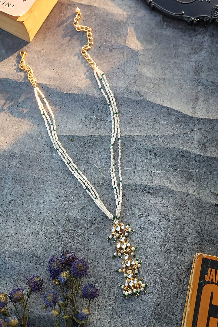 Gold Plated Floral Kundan & Shell Pearl Necklace by Do Taara at Pernia's Pop Up Shop