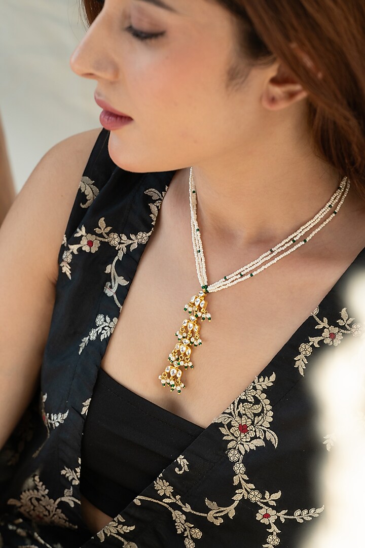Gold Plated Floral Kundan & Shell Pearl Necklace by Do Taara at Pernia's Pop Up Shop