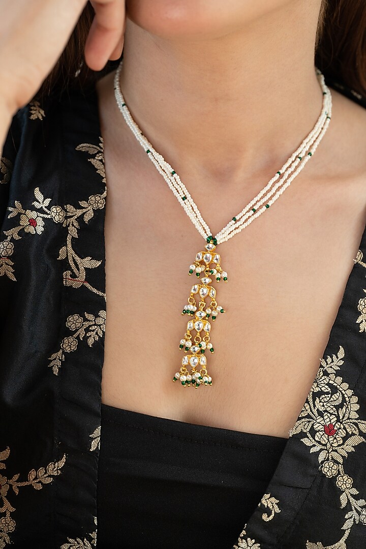 Gold Plated Floral Kundan & Shell Pearl Necklace by Do Taara at Pernia's Pop Up Shop