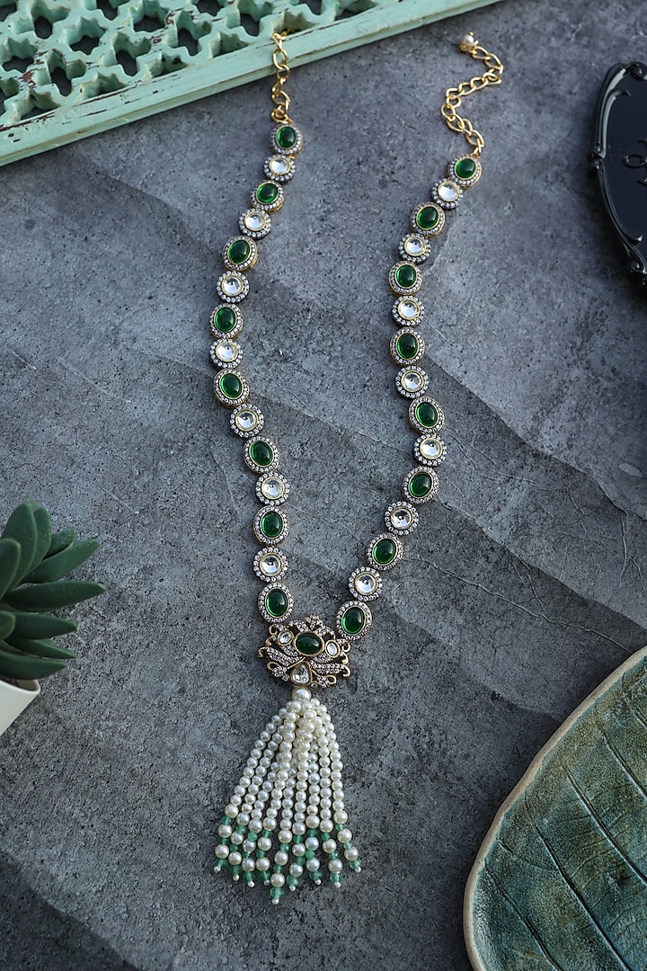 Gold Plated Green Polki & Cubic Zirconia Necklace by Do Taara at Pernia's Pop Up Shop