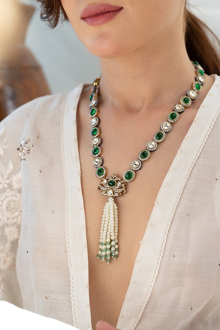 Gold Plated Green Polki & Cubic Zirconia Necklace by Do Taara at Pernia's Pop Up Shop