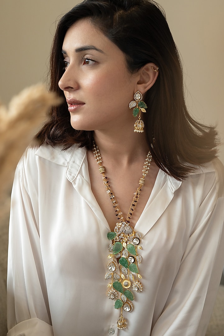 Gold Plated Mint Polki & Cubic Zirconia Necklace Set by Do Taara at Pernia's Pop Up Shop