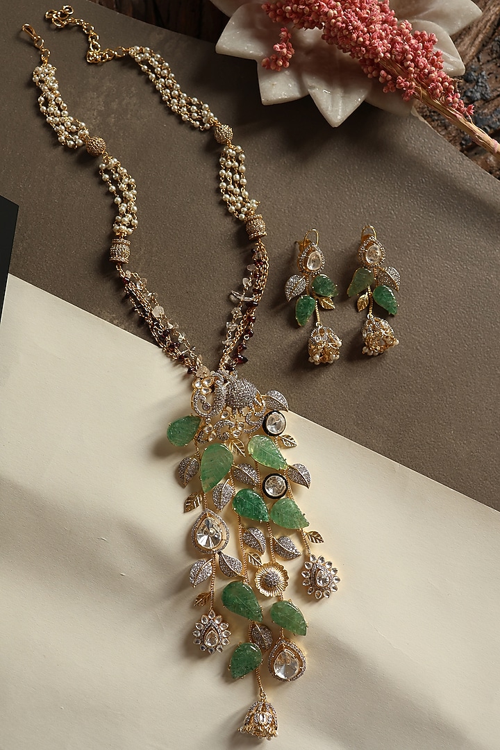 Gold Plated Mint Polki & Cubic Zirconia Necklace Set by Do Taara at Pernia's Pop Up Shop