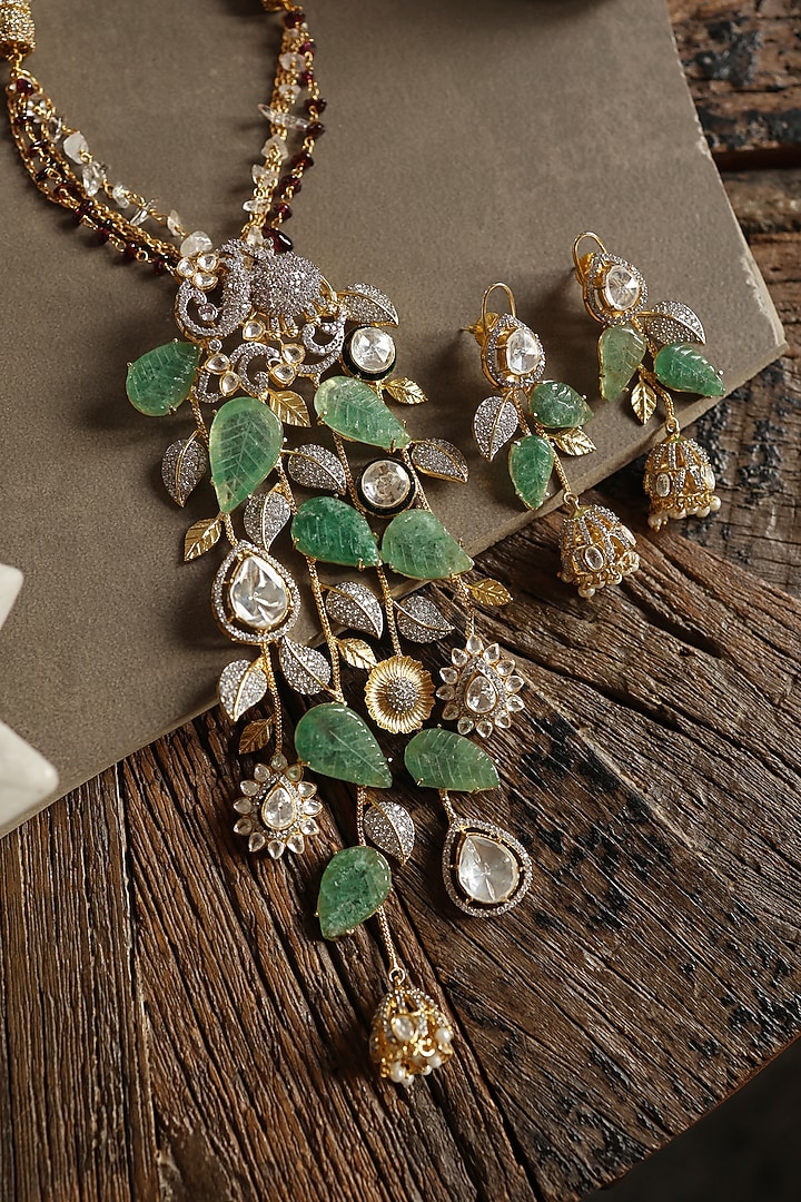 Gold Plated Mint Polki & Cubic Zirconia Necklace Set by Do Taara at Pernia's Pop Up Shop