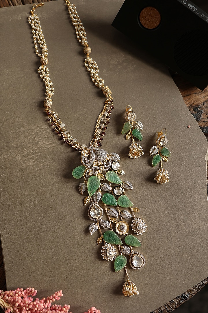 Gold Plated Mint Polki & Cubic Zirconia Necklace Set by Do Taara at Pernia's Pop Up Shop