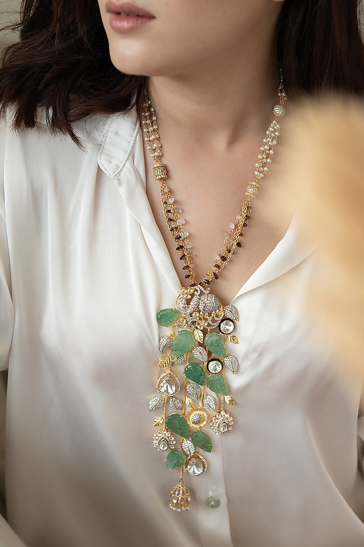Gold Plated Mint Polki & Cubic Zirconia Necklace Set by Do Taara at Pernia's Pop Up Shop