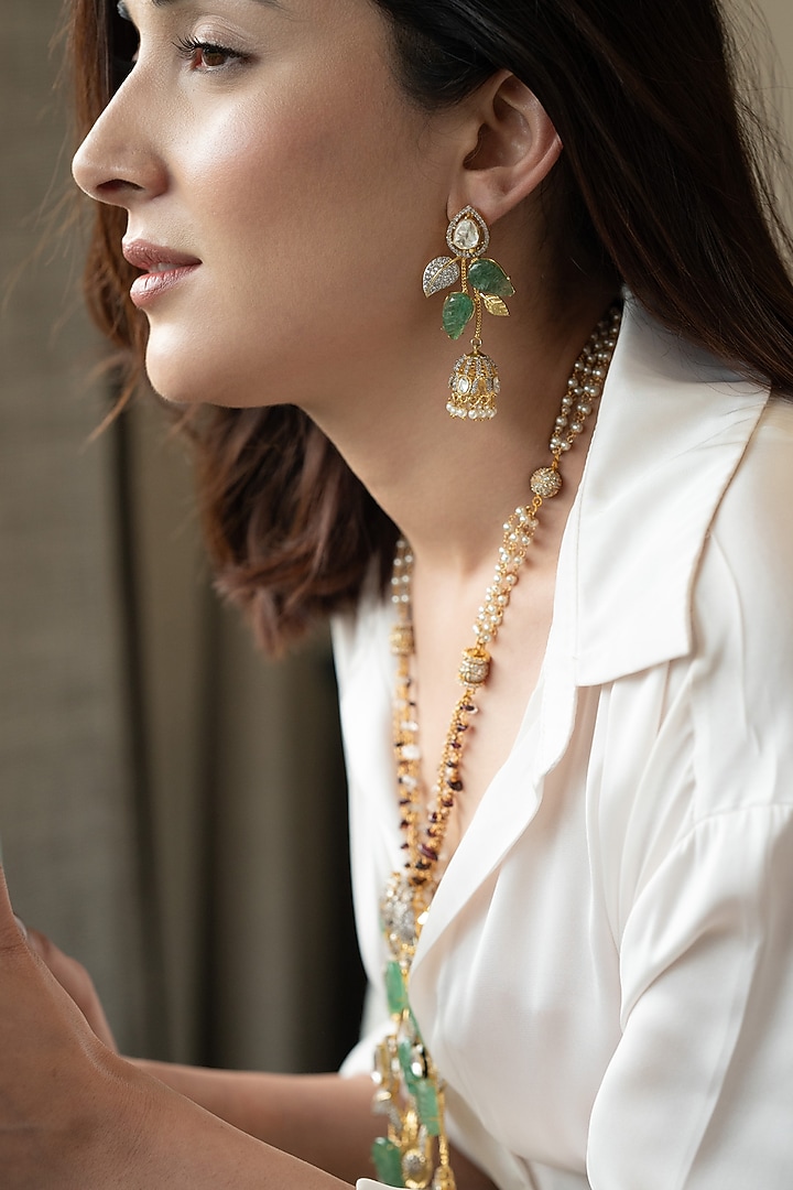 Gold Plated Mint Polki & Cubic Zirconia Necklace Set by Do Taara at Pernia's Pop Up Shop