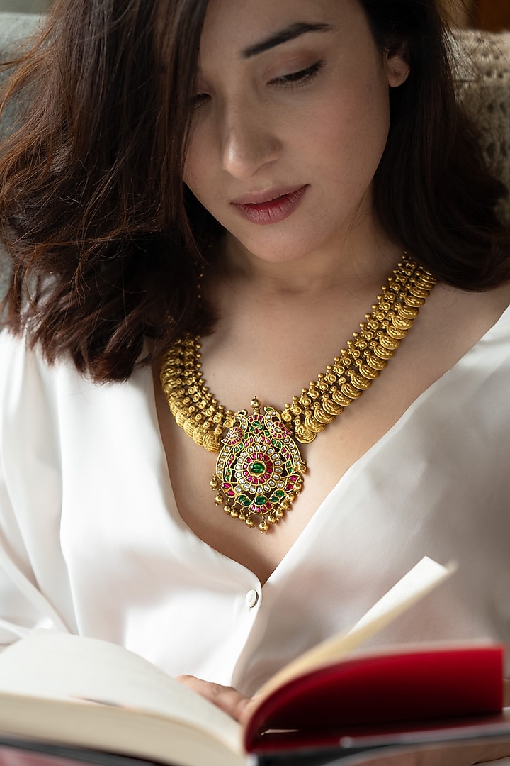 Gold Plated Red & Green Stone Floral Pendant Temple Necklace by Do Taara at Pernia's Pop Up Shop