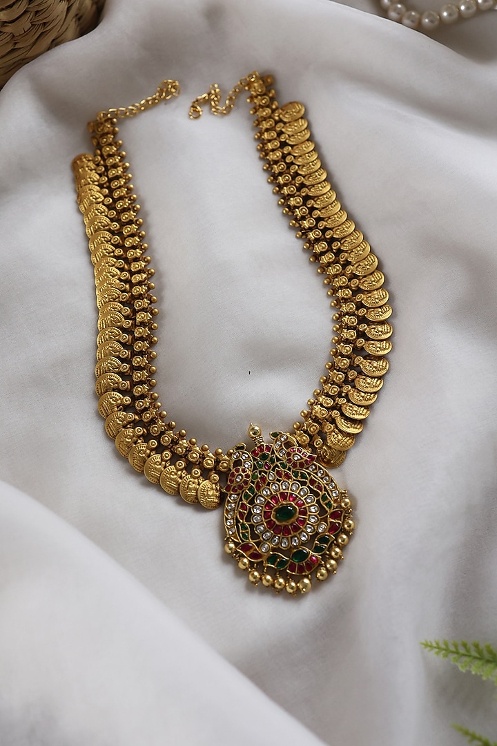 Gold Plated Red & Green Stone Floral Pendant Temple Necklace by Do Taara at Pernia's Pop Up Shop