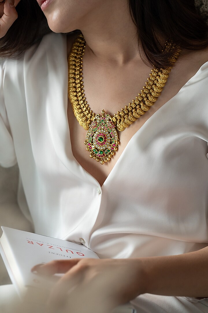 Gold Plated Red & Green Stone Floral Pendant Temple Necklace by Do Taara at Pernia's Pop Up Shop