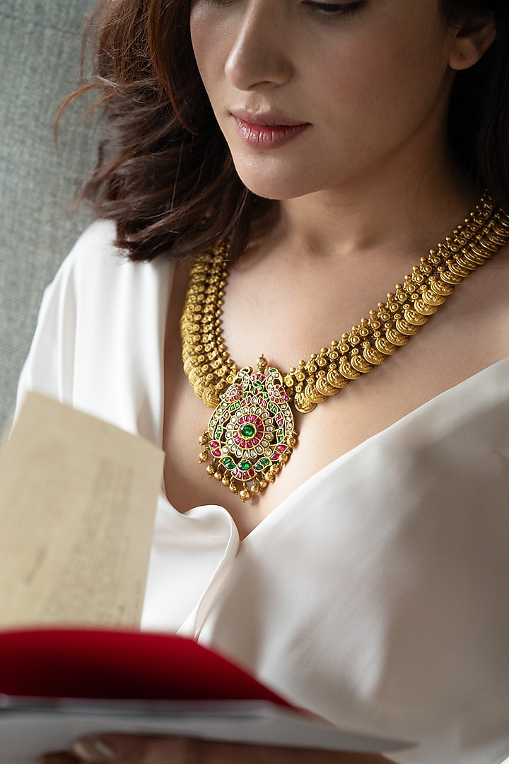 Gold Plated Red & Green Stone Floral Pendant Temple Necklace by Do Taara at Pernia's Pop Up Shop