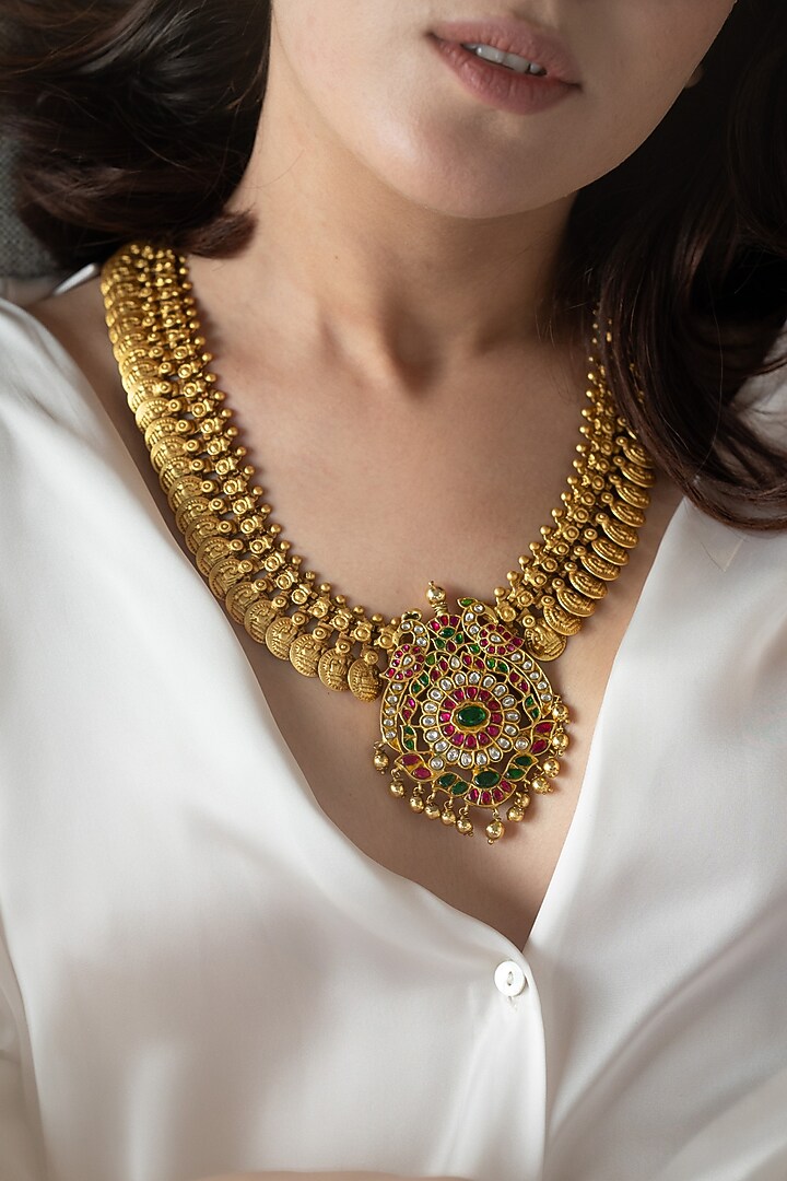 Gold Plated Red & Green Stone Floral Pendant Temple Necklace by Do Taara at Pernia's Pop Up Shop