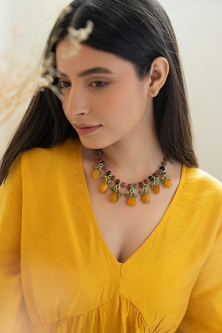Gold Plated Kundan & Yellow Stone Necklace by Do Taara at Pernia's Pop Up Shop