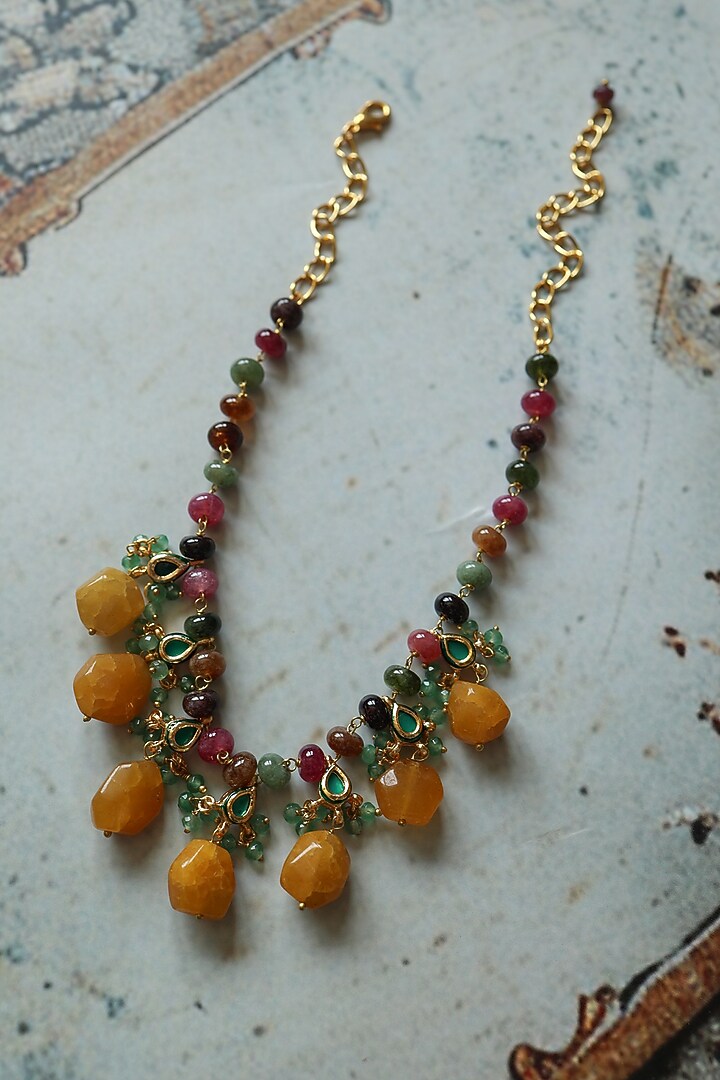 Gold Plated Kundan & Yellow Stone Necklace by Do Taara at Pernia's Pop Up Shop