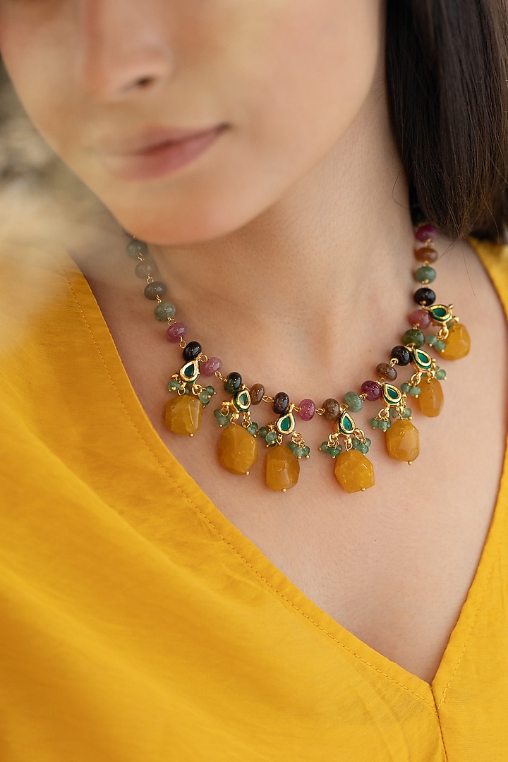 Gold Plated Kundan & Yellow Stone Necklace by Do Taara at Pernia's Pop Up Shop