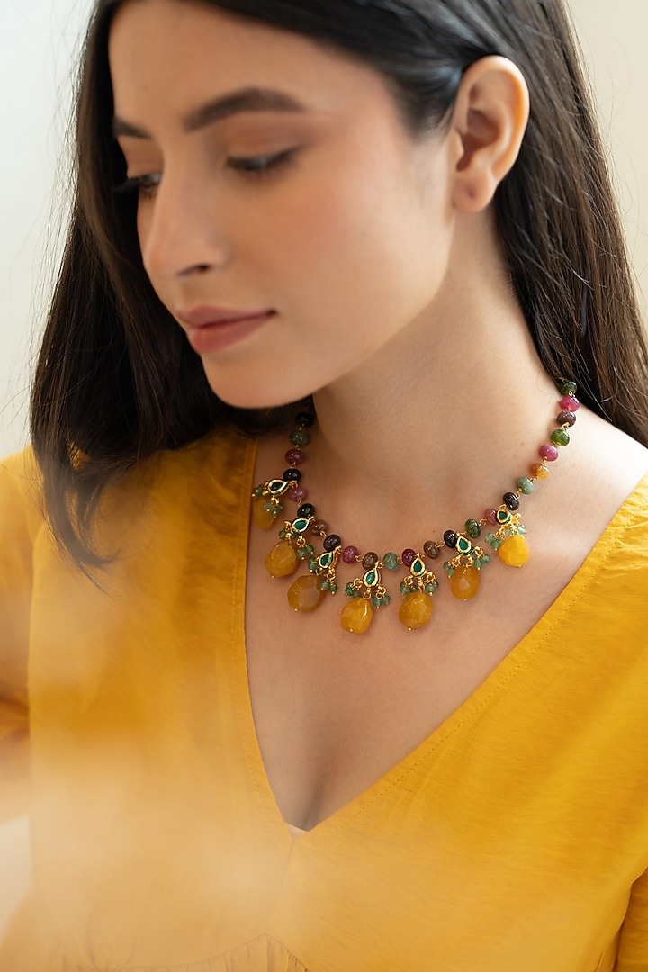Gold Plated Kundan & Yellow Stone Necklace by Do Taara at Pernia's Pop Up Shop