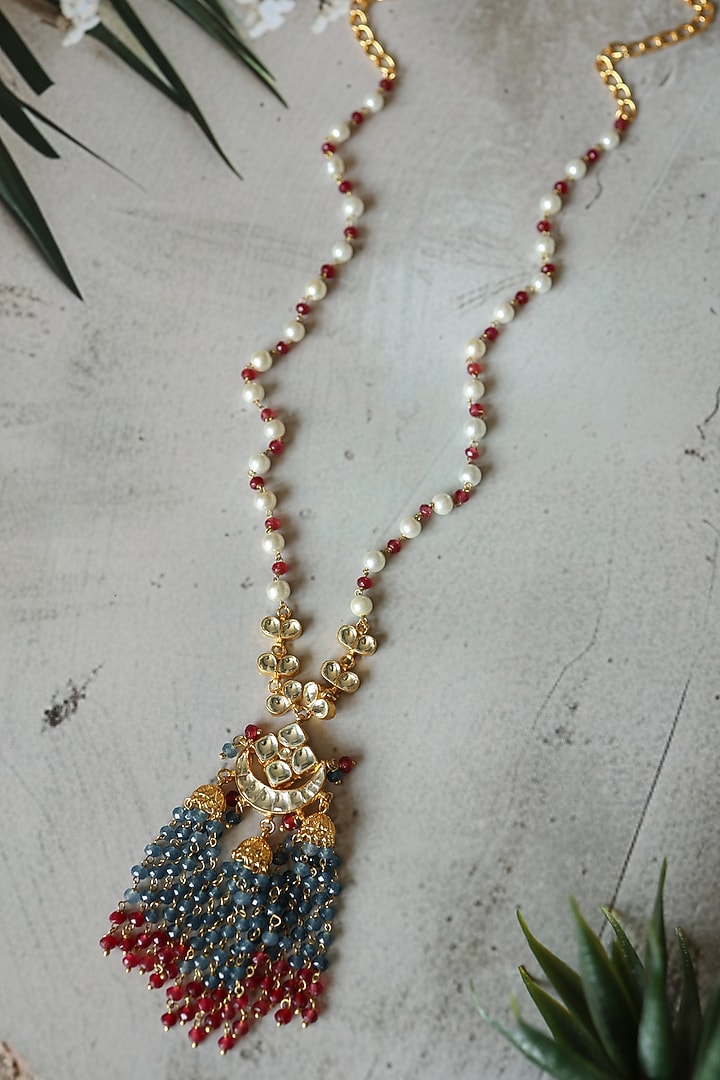 Gold Plated Kundan & Grey Onyx Pendant Necklace by Do Taara at Pernia's Pop Up Shop