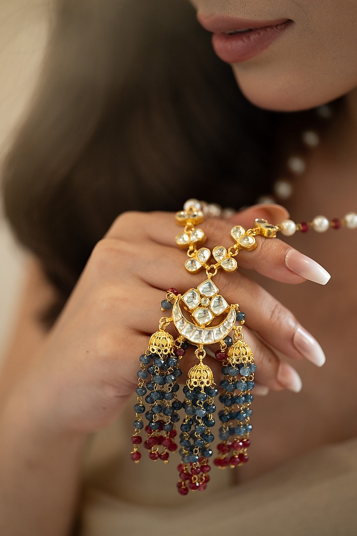 Gold Plated Kundan & Grey Onyx Pendant Necklace by Do Taara at Pernia's Pop Up Shop