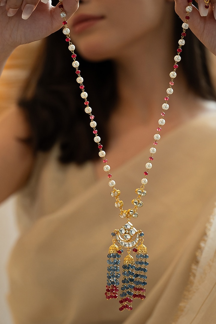 Gold Plated Kundan & Grey Onyx Pendant Necklace by Do Taara at Pernia's Pop Up Shop